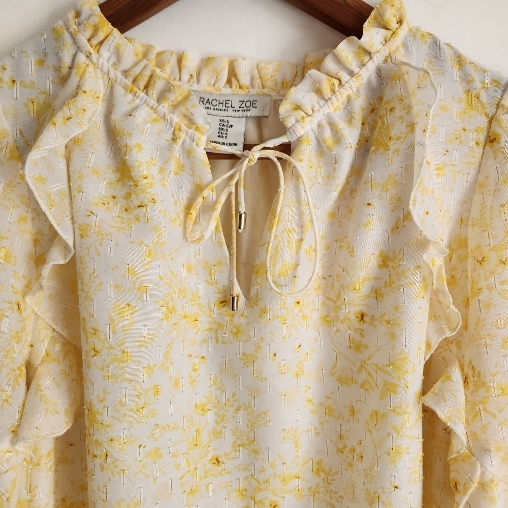 Blouse Pullover style Ruffle neckline Puff sleeves Yellow white gold RACHEL ZOE - Picture 8 of 16